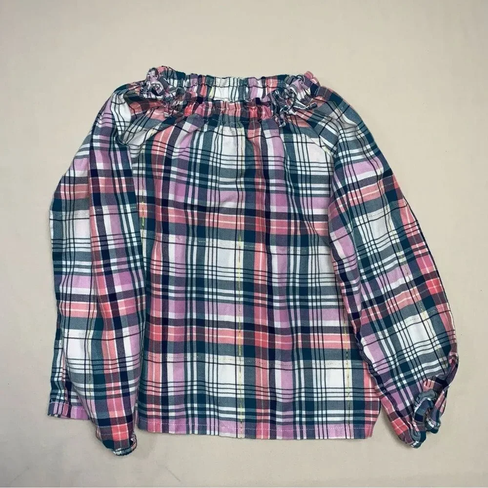 Plaid Shirt Girls 5T Bow Neck Country Western Soft Fall Preppy Top Gold Metallic